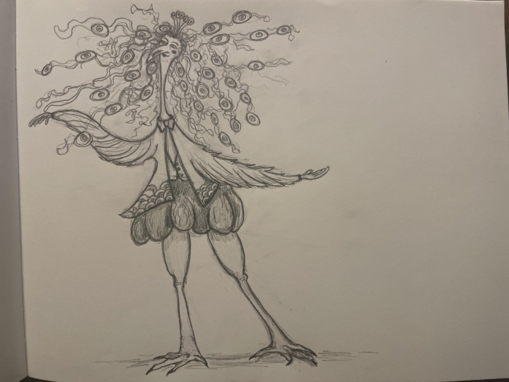 Peacock lady with curly hair