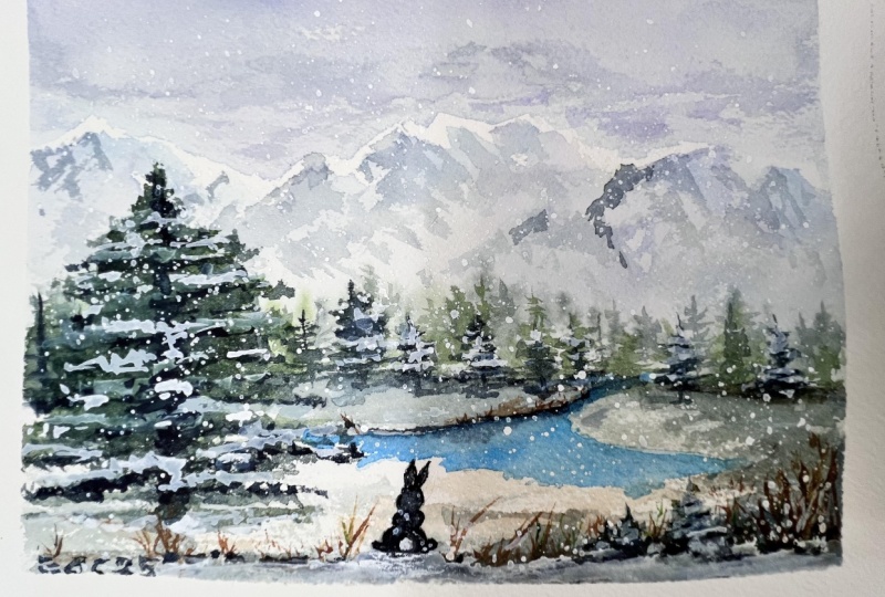 Snowy Winter Landscape in Watercolor