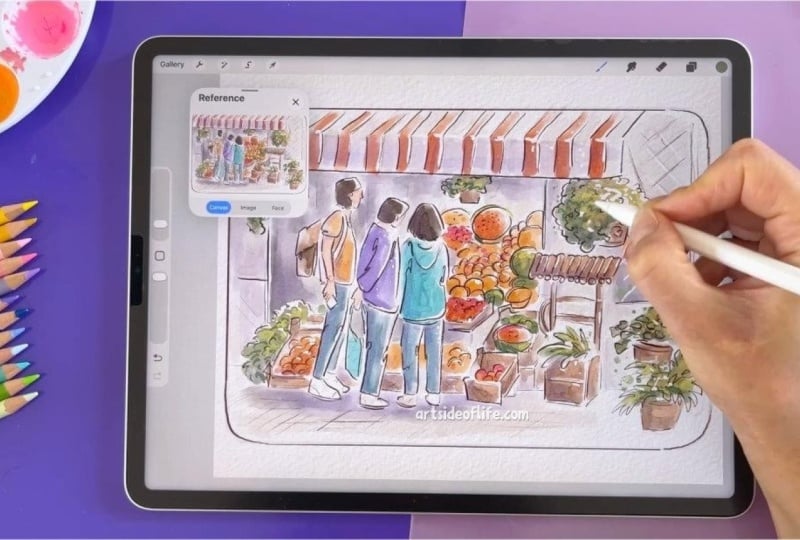 Watercolor urban market sketch in Procreate