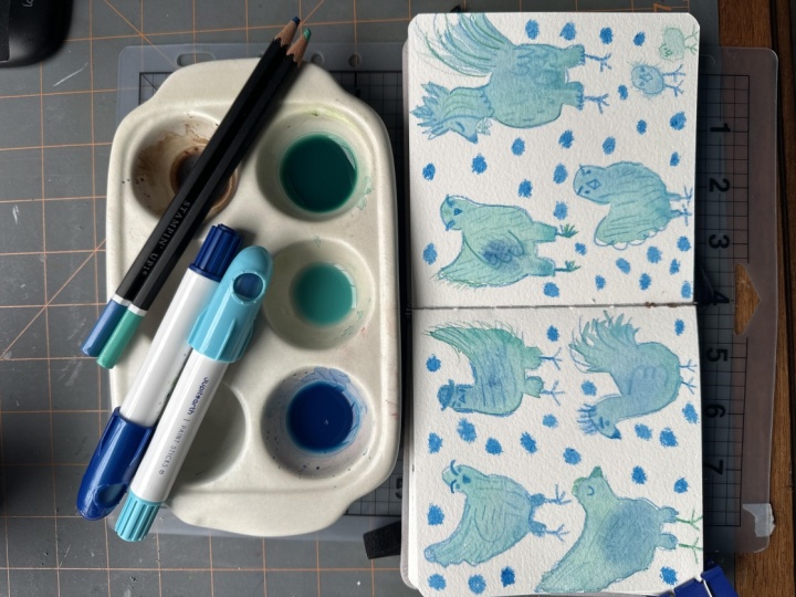 Blue and teal funky chickens