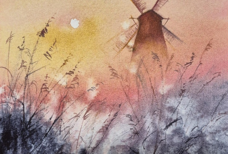 Paint an Atmospheric Windmill Scene with Golden Sun & Blue Mist