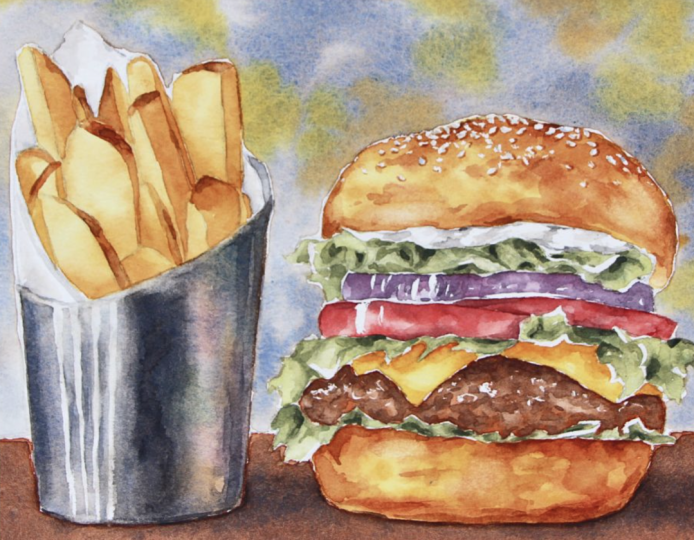 Burger and Fries Watercolor Illustration