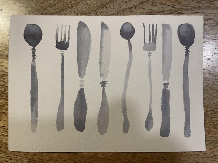 Watercolor practice - cutlery and landscape