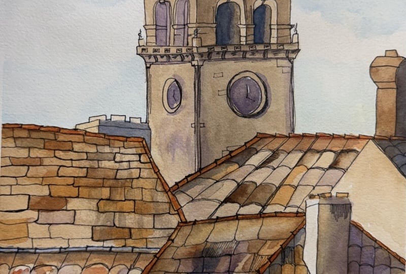 Watercolor and Ink Clocktower