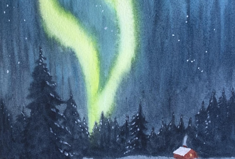 Soft Northern lights watercolour landscapes