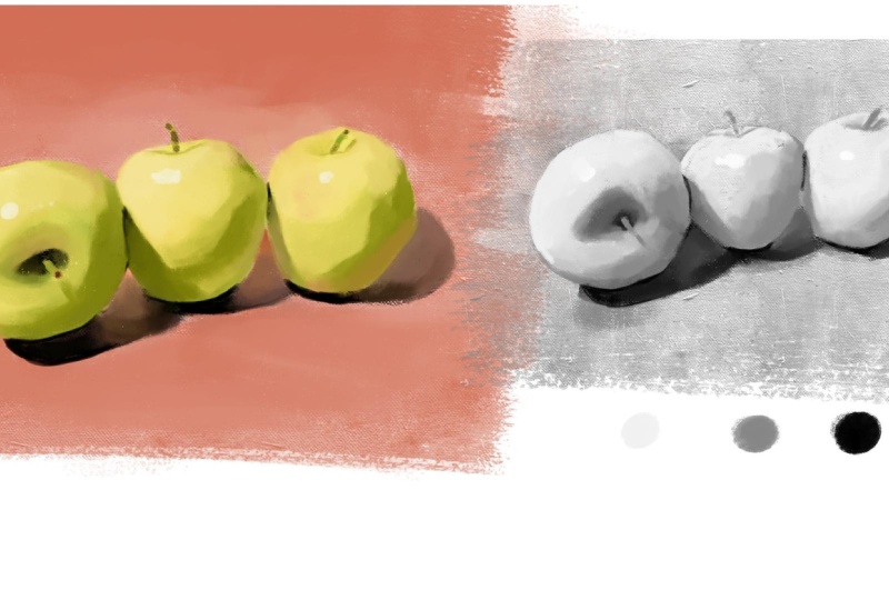 I did something a bit different, I painted some apples and painted in both color and grayscale.