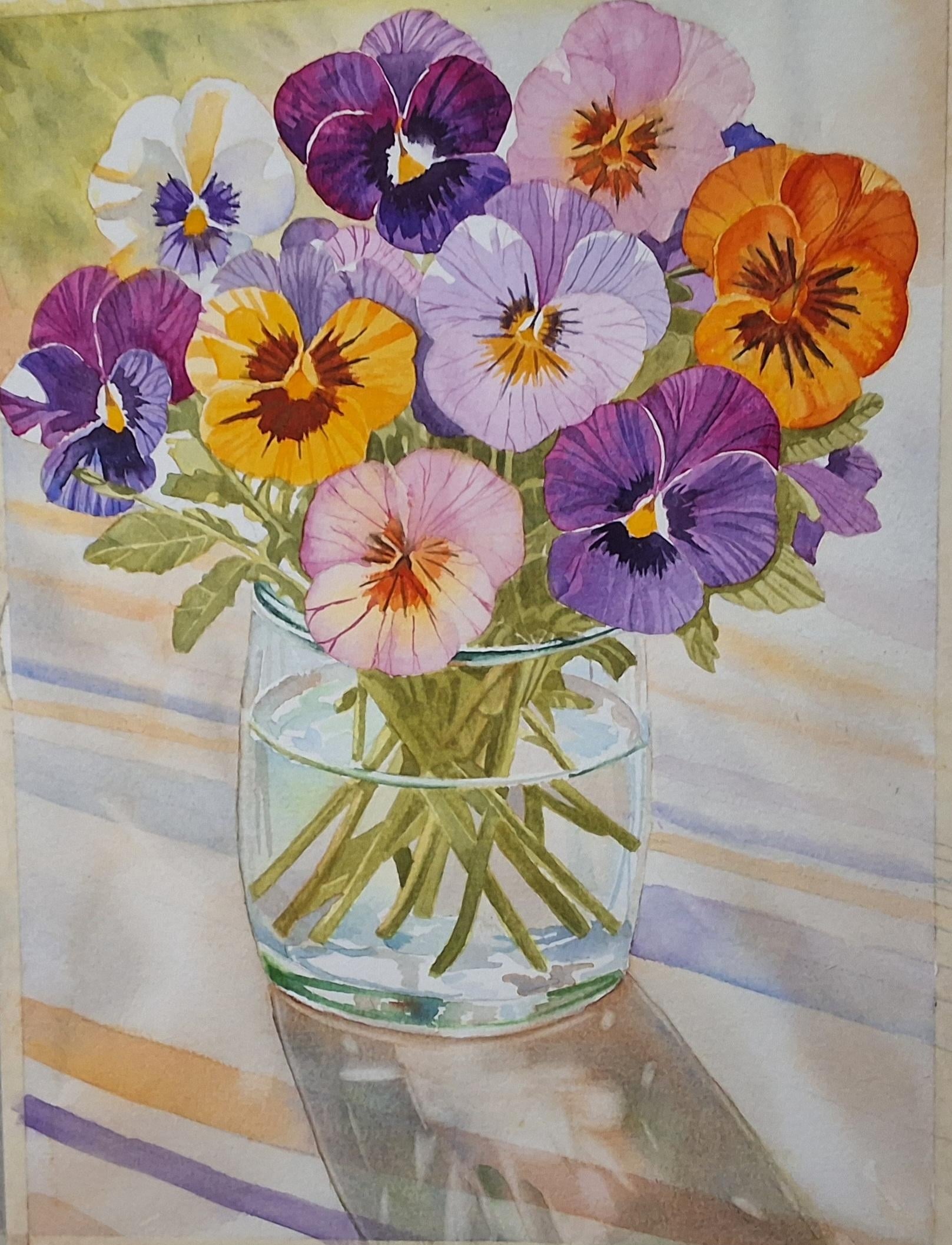 Pansies in a glass vase - student project
