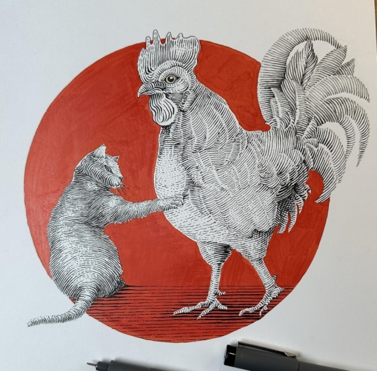 Engraving Style Cat & Chicken Drawing