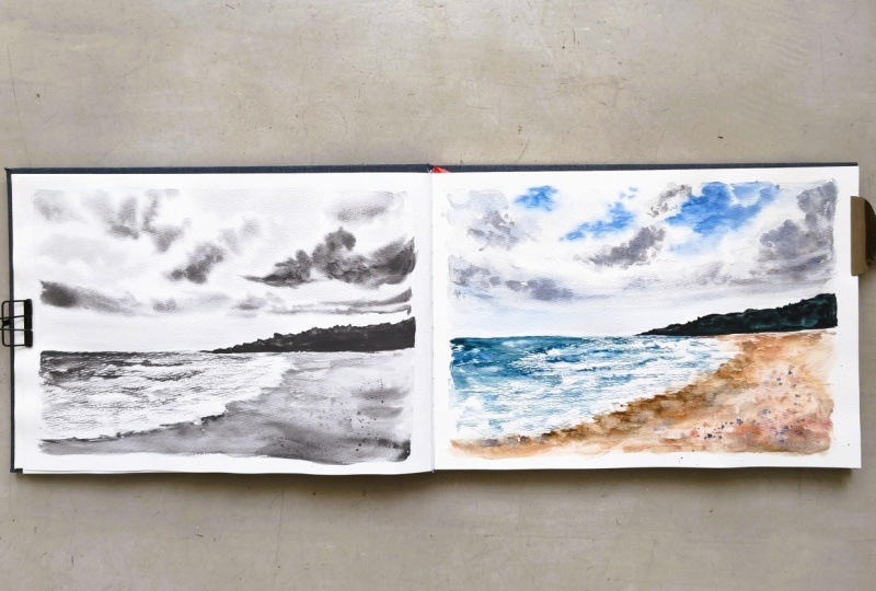 Watercolor beach and clouds