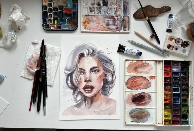 Watercolor Portrait of a Blonde Woman