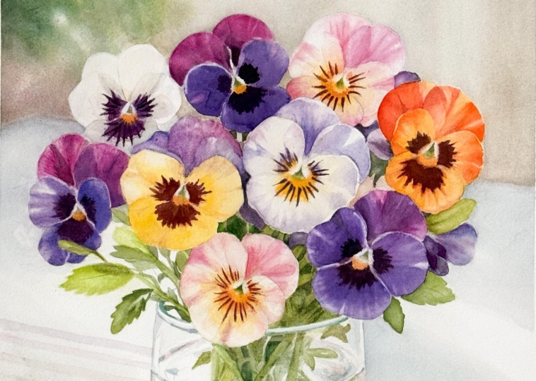 Pansies in a Glass Vase