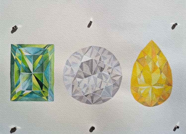 Three gemstones (yellow gem without gouache finishing)