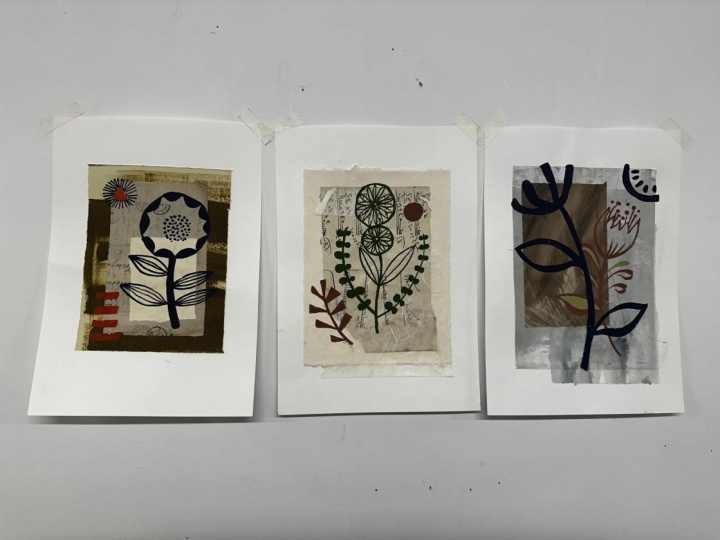 Three botanical inspired painted collages