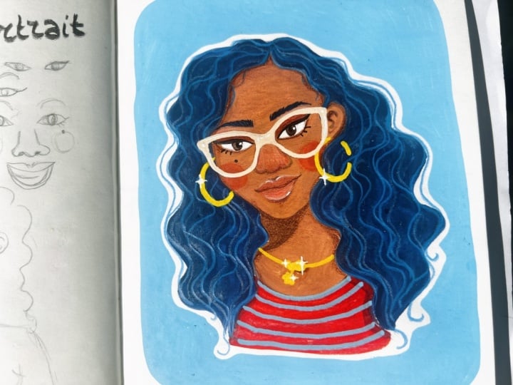 Gouache self-portrait in mixed media