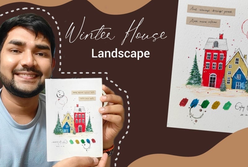 Winter House Painting With Vibrant Colors Using Gouache