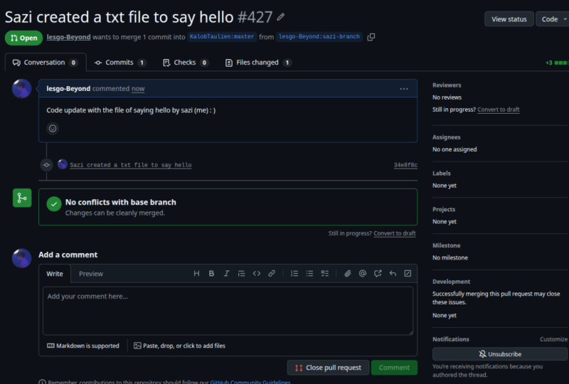 Created a txt file to say hello and requested a pull