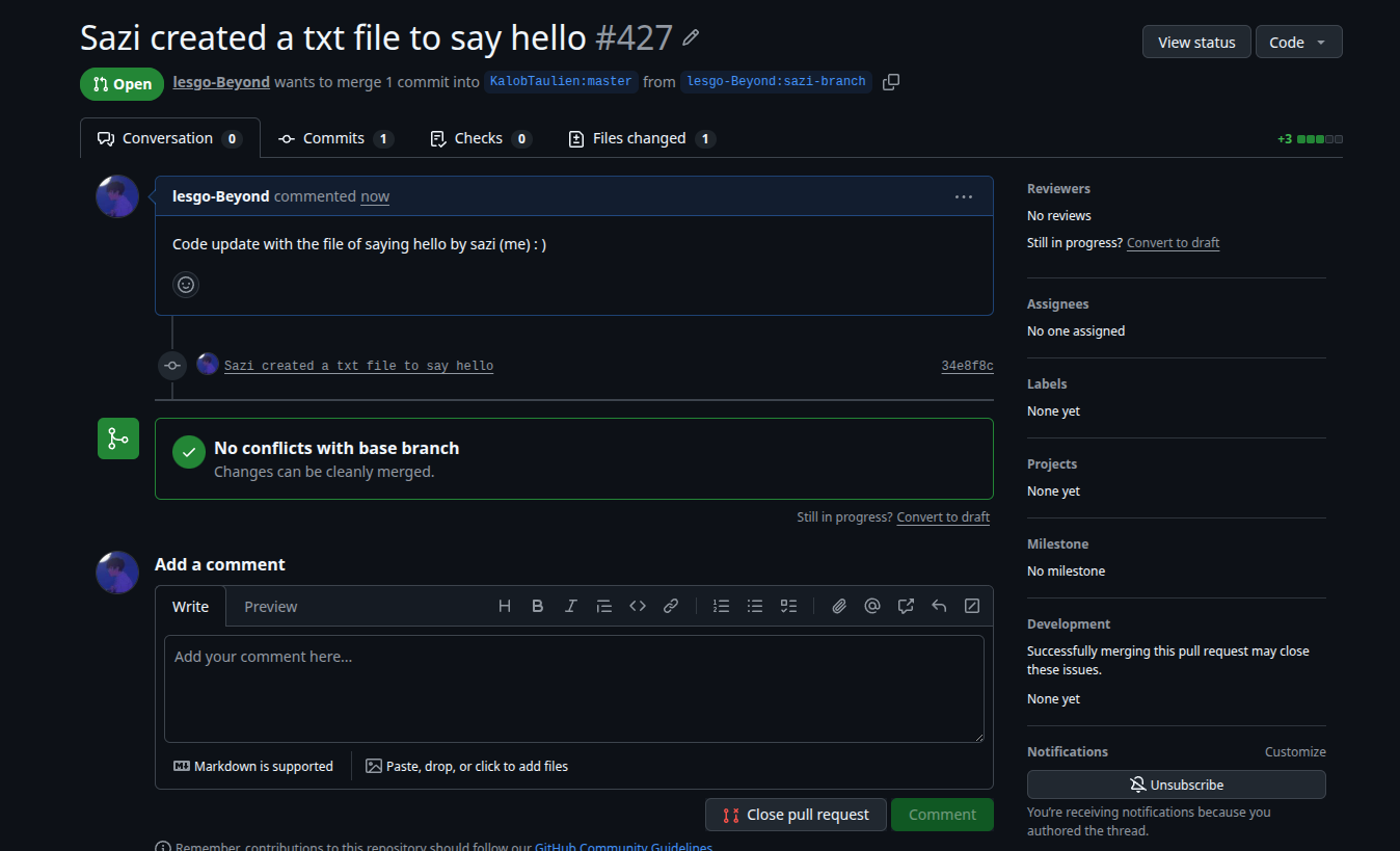 Created a txt file to say hello and requested a pull