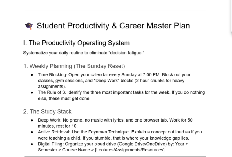 Student Productivity & Career Master Plan