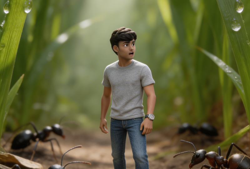 A man is stuck on the ants world and ants were surrounded him.