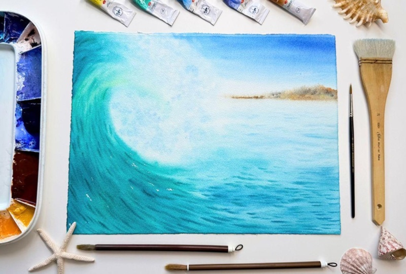 Crashing Wave in the A-la-Prima Technique in Watercolor (or wet on wet)