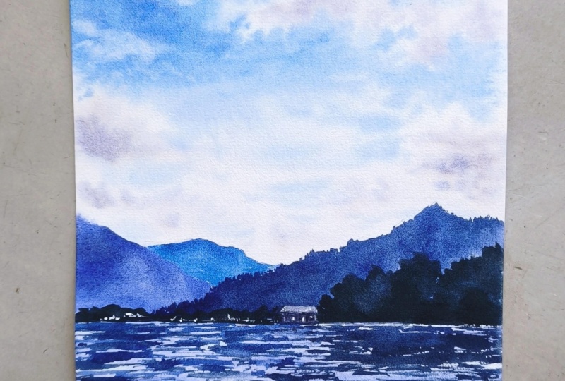 Watercolor Mountain Lake Landscape