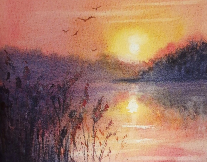 Paint an Atmospheric Blue-Pink Sunset Over a Lake, Hazy Landscapes Series
