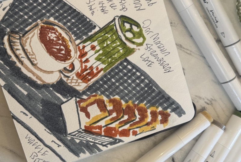 A quick coffee, marker sketch and matcha!
