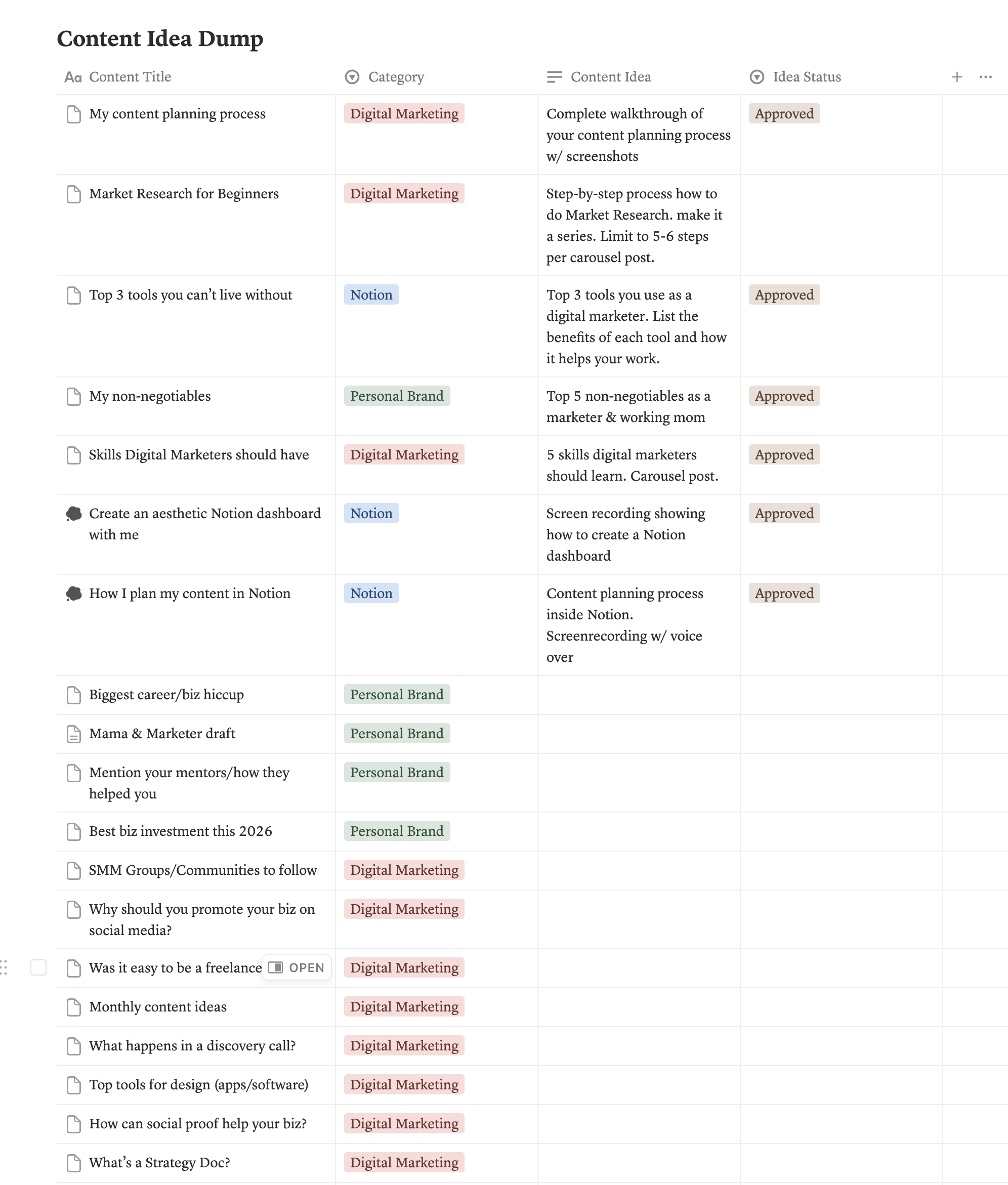 Kristine's Content Idea Dump in Notion - student project