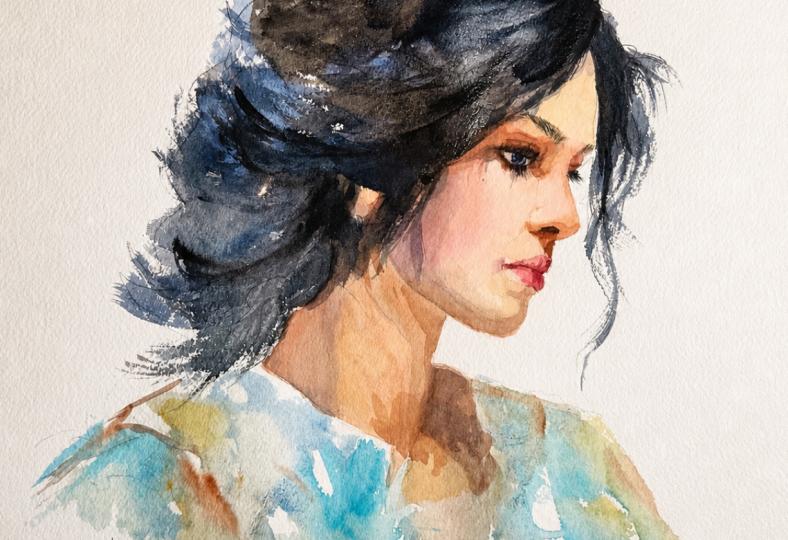 Black Haired Woman in Watercolour