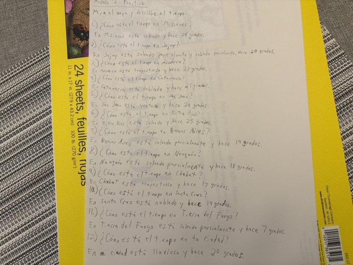 Module 2 el tiempo, couldn’t use Word so I wrote it out