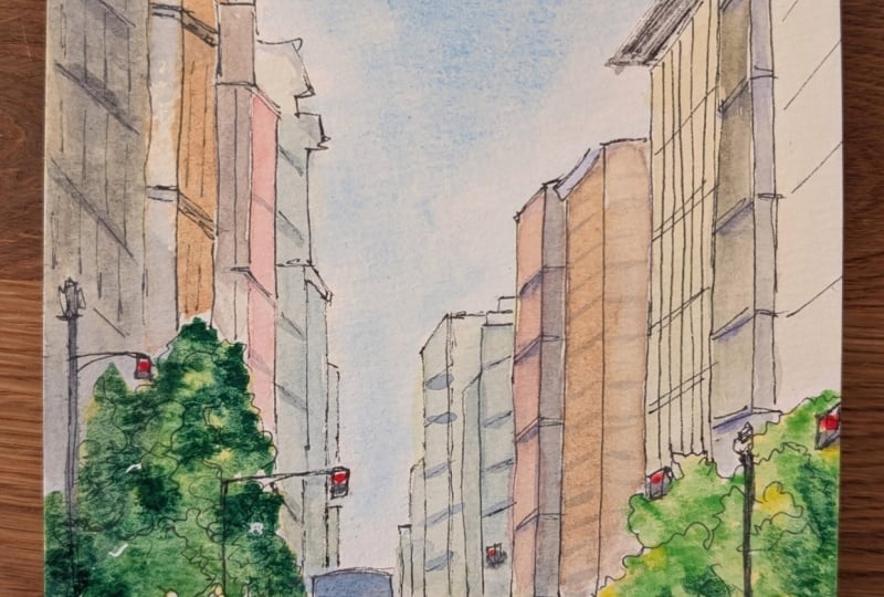 New York sketch with one-point perspective