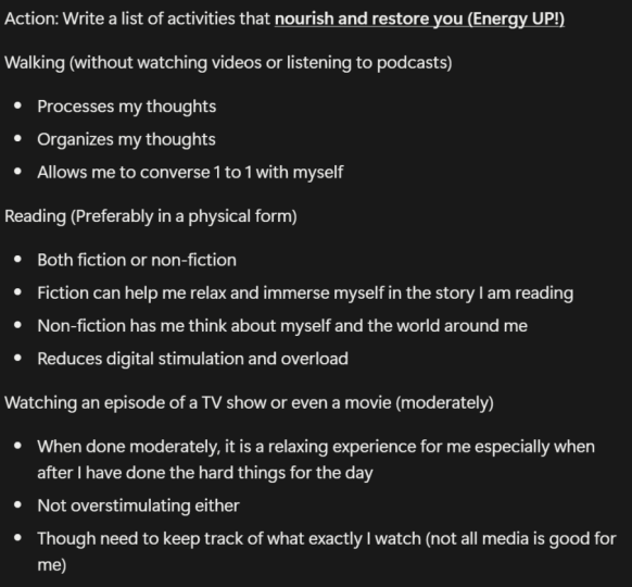 List of personally nourishing activities