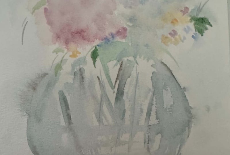 loose watercolor florals atmospheric vase painting with soft layers