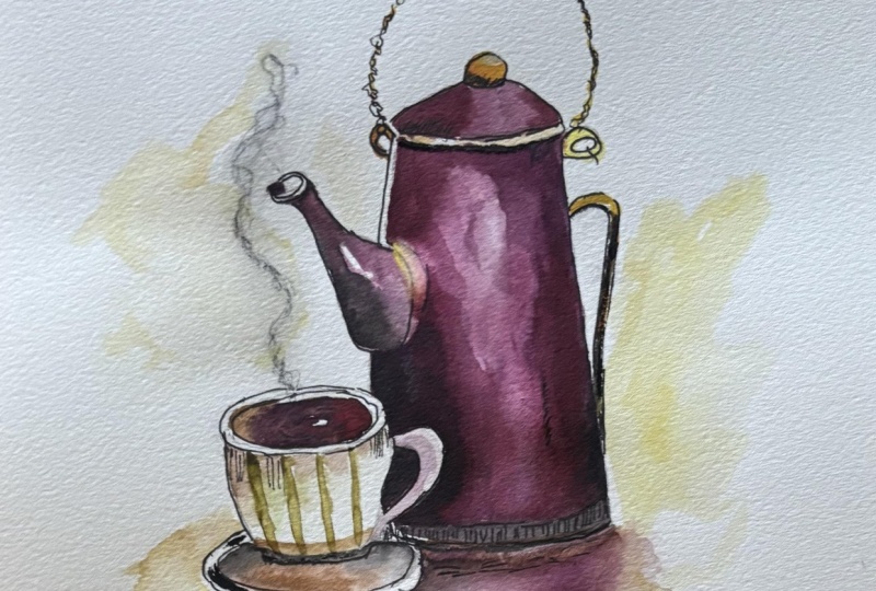 Pen and ink watercolour wash.