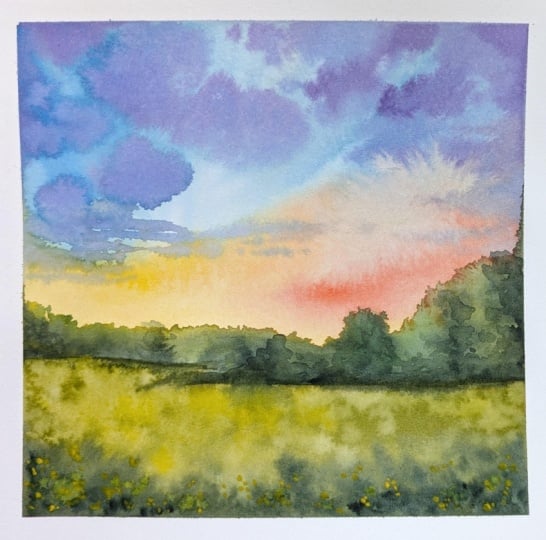 Watercolour Spring Sunset Meadow