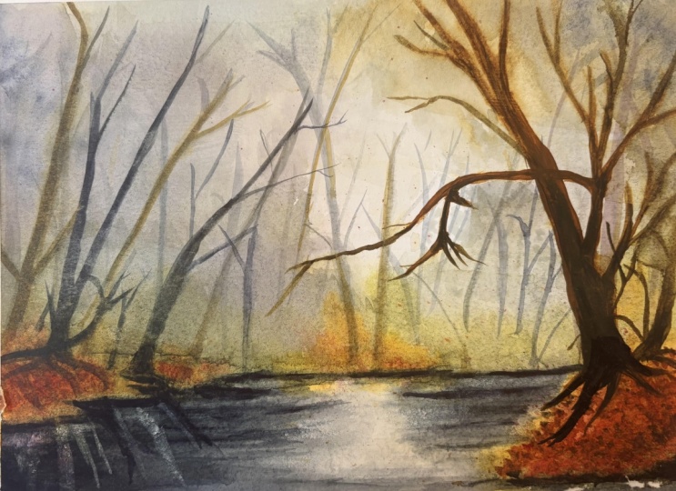 Misty Fall forest in watercolor. Paints smeared when I added water - had to redo
