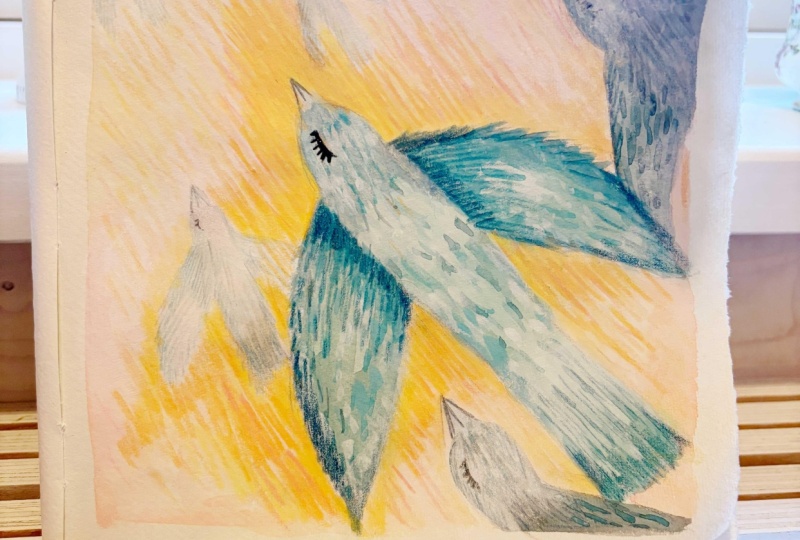 color birds in pastel sky
