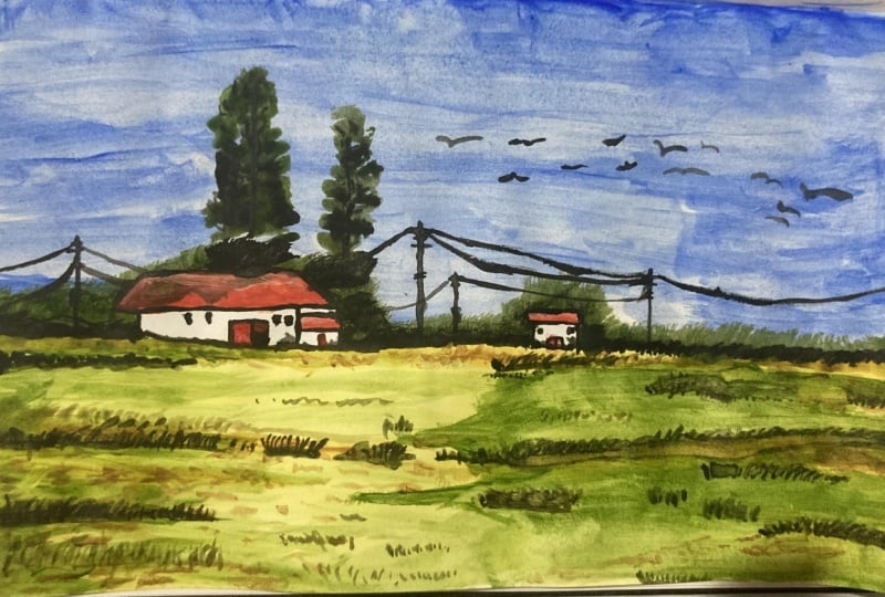 Village landscape painting with watercolors