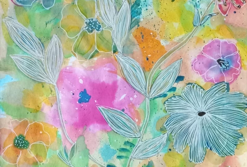 Abstract watercolor flowers with gold accents