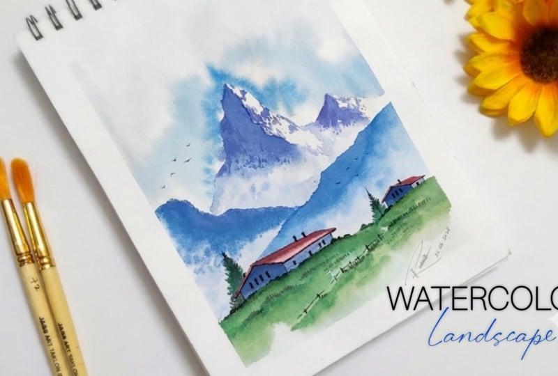 Easy Watercolor Landscape With Snowy Mountains