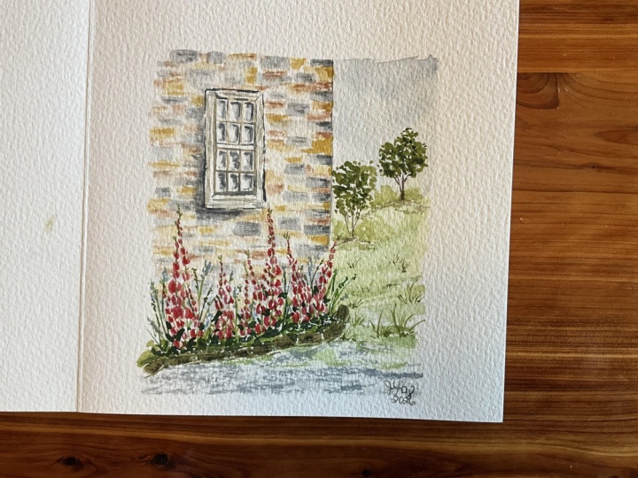 Barn Window with Hollyhocks