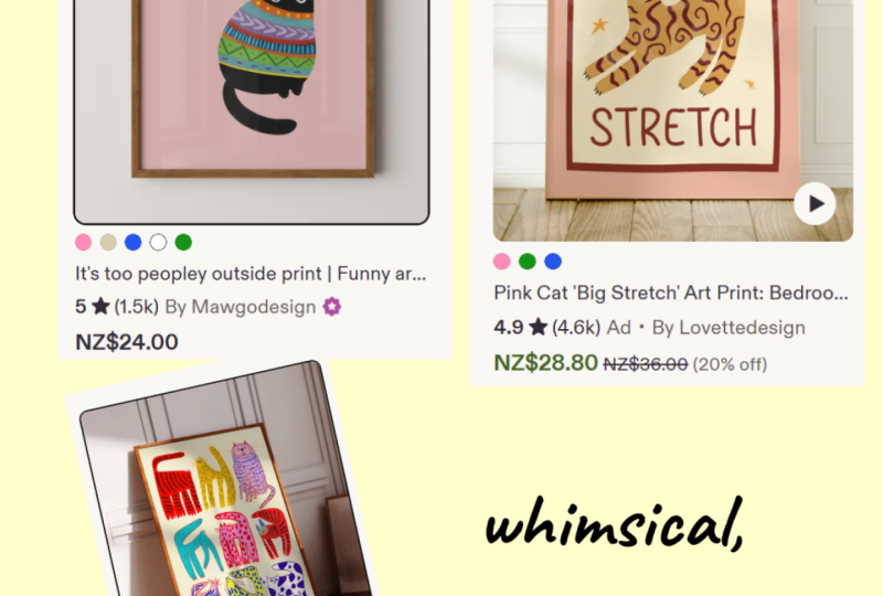 Whimsical cat art on Etsy
