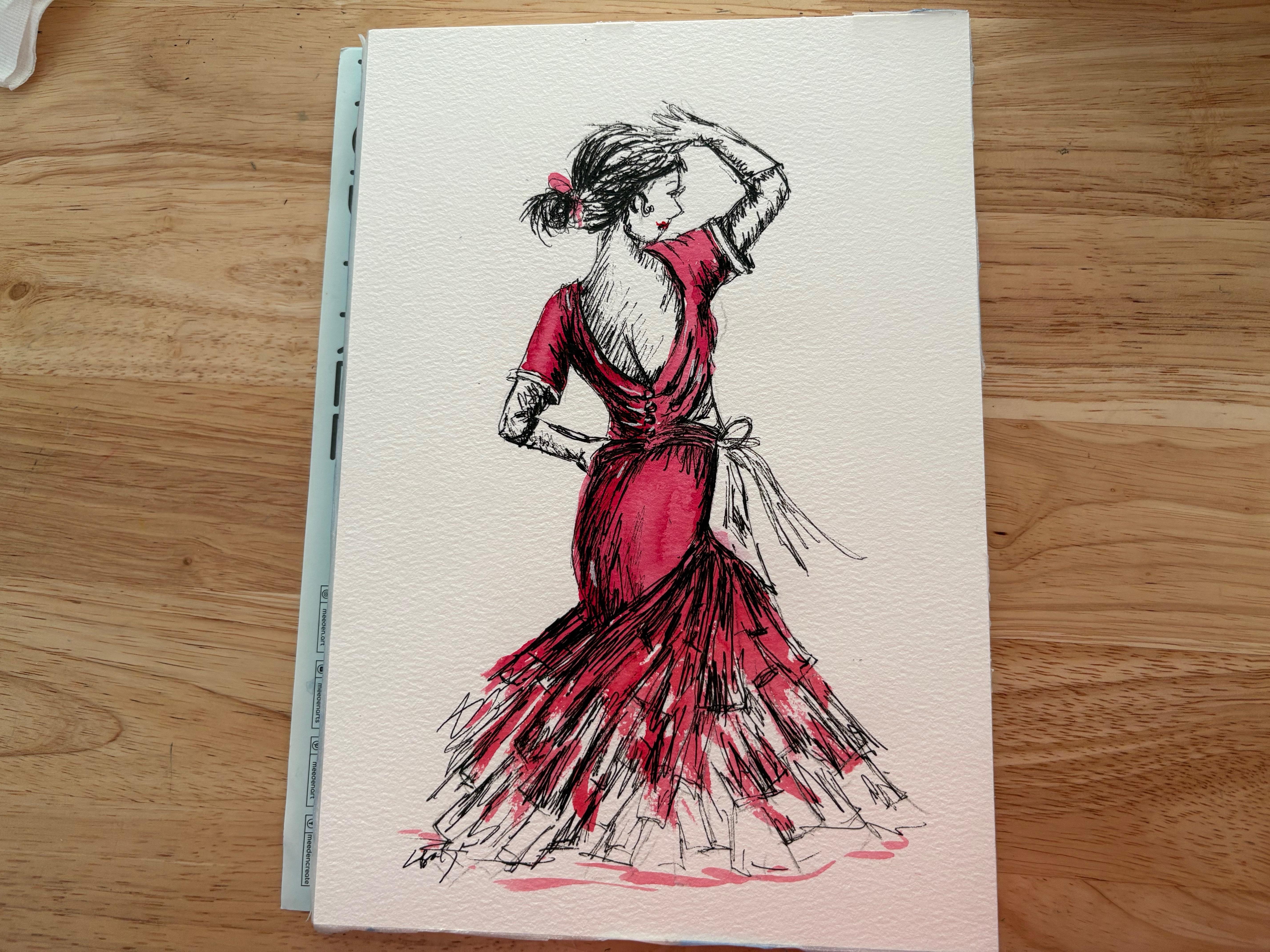 Dancer in red, Ink and Watercolor - student project