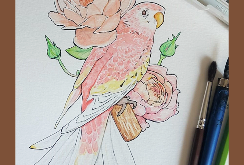 Bird and Flower in watercolor
