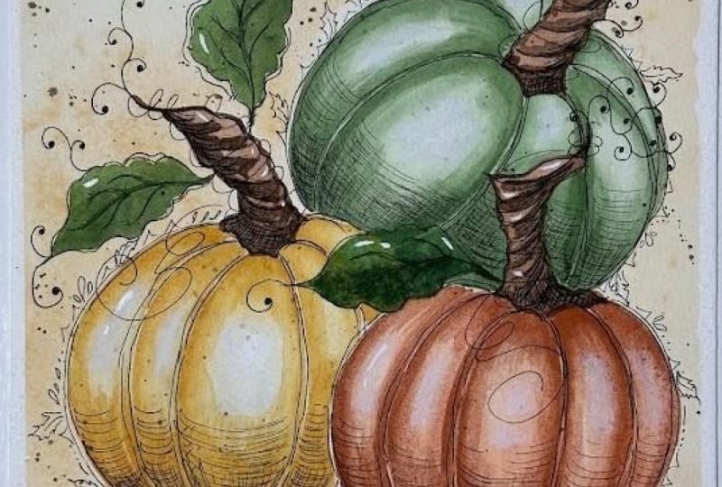 Fall Watercolor & Ink Whimsical Pumpkin Patch