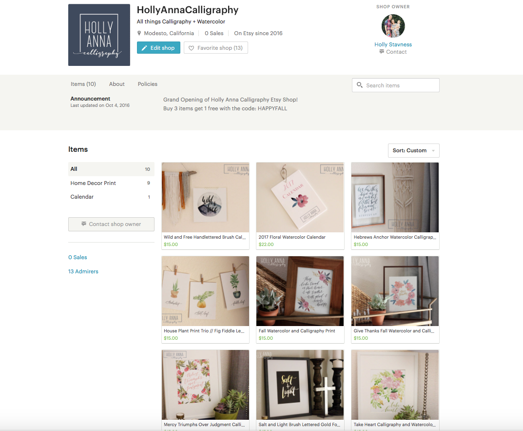 Start your shop: Holly Anna Calligraphy - student project