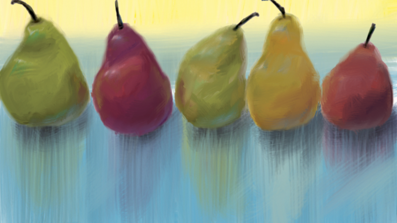 Pears on a reflective table