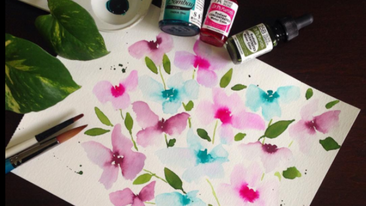 Example Drawing Watercolor Flower with Touching Technique - student project