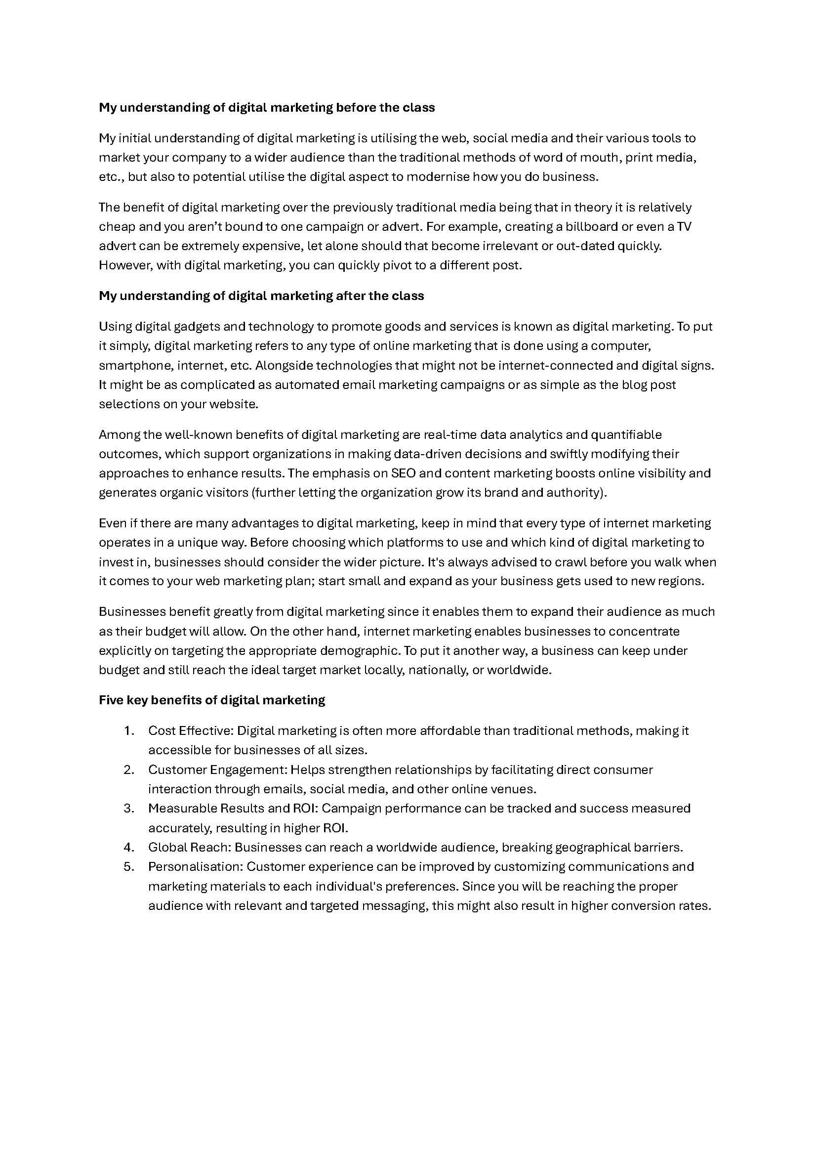 My understanding of Digital Marketing before and after course - student project