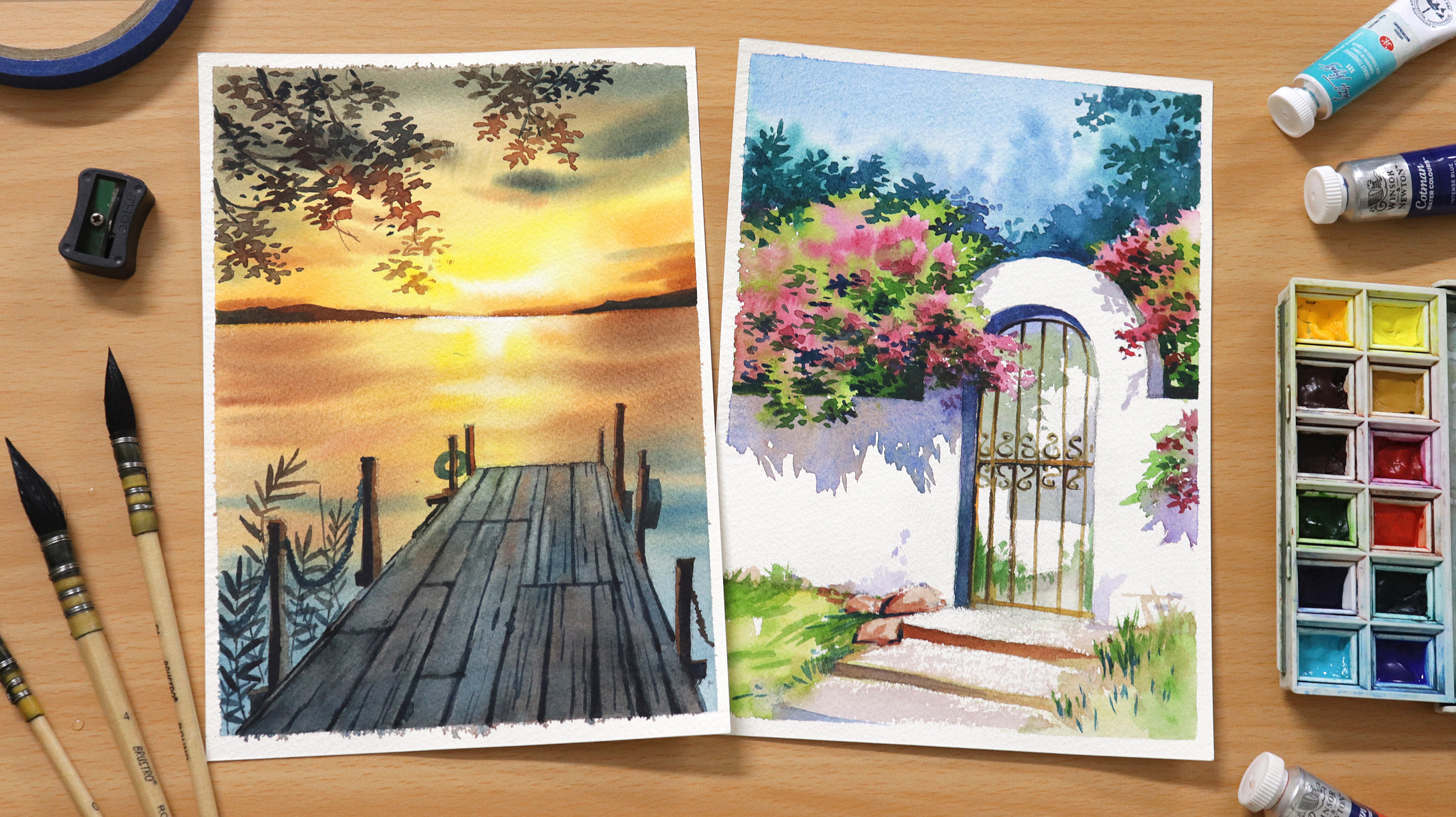 Watercolor Landscapes: Paint a Colorful Garden and Sunset with